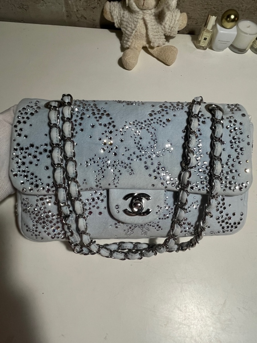 CHANEL Light Blue Quilted Crystal-Studded Shoulder Bag - Picture 2 of 16